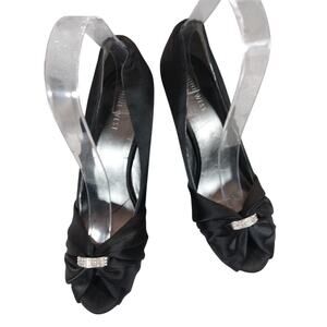 NINE WEST! BLACK SATIN PEEP TOE RHINESTONE JEWELED FRONT STILETTO HEELS! SZ 7.5M